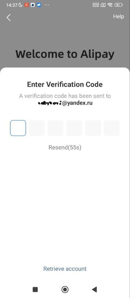 Ввод кода в Alipay который отправлен был на почту